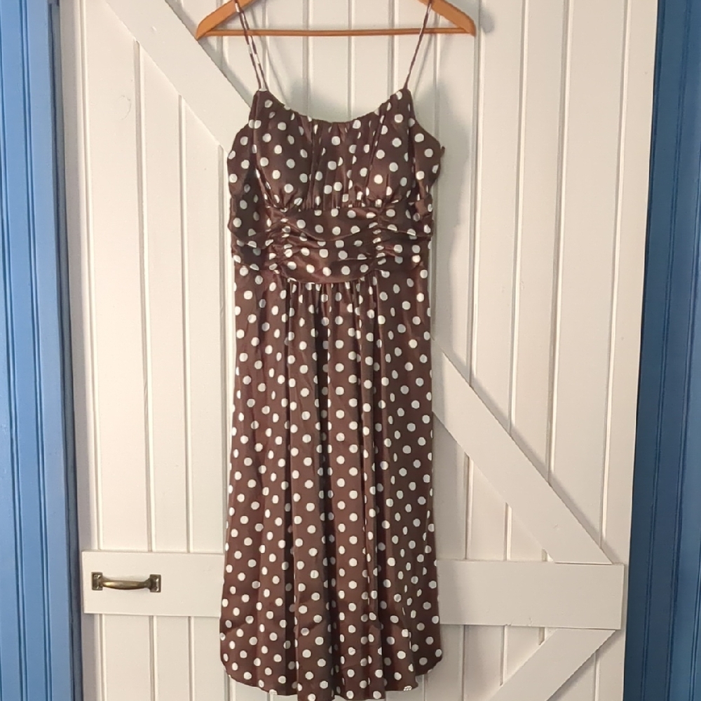 Polka Dot Brown Midi Dress with Spaghetti Straps